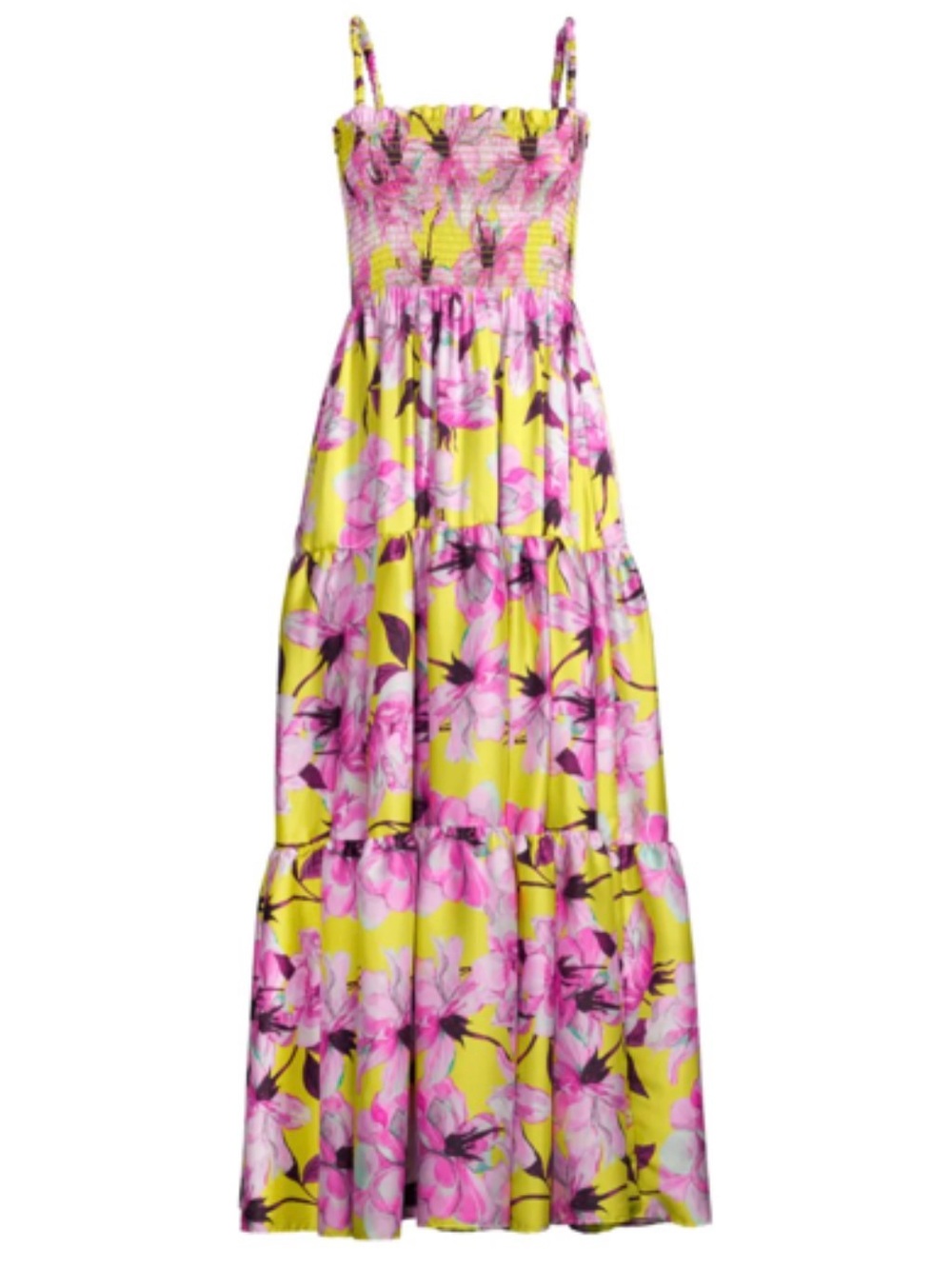 Delfi Collective Yellow Pink Floral Smocked Tiered Maxi Dress Size S